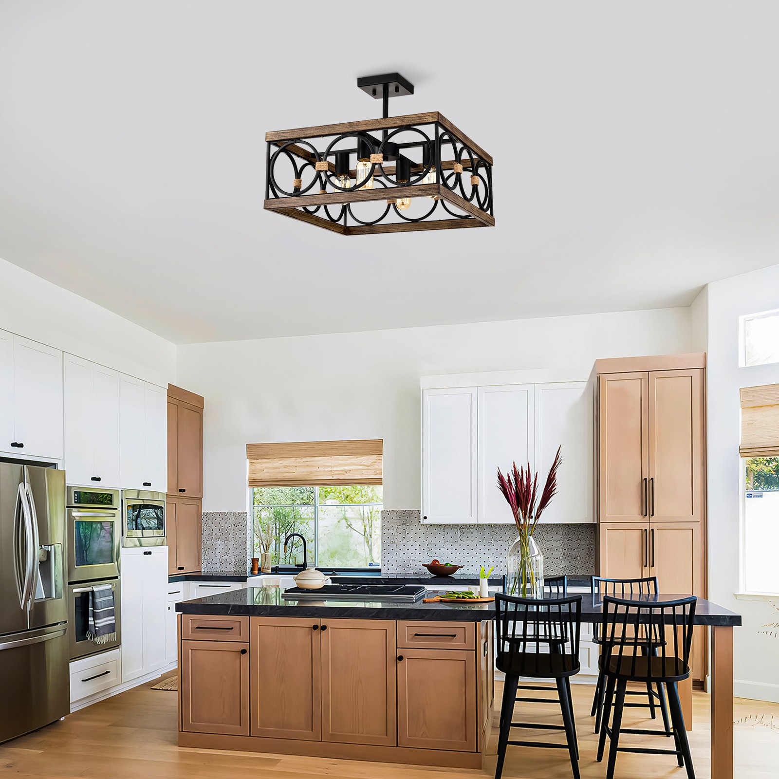 4-Light Square Kitchen Island Light Farmhouse Wood Black Metal Ceiling Fixture