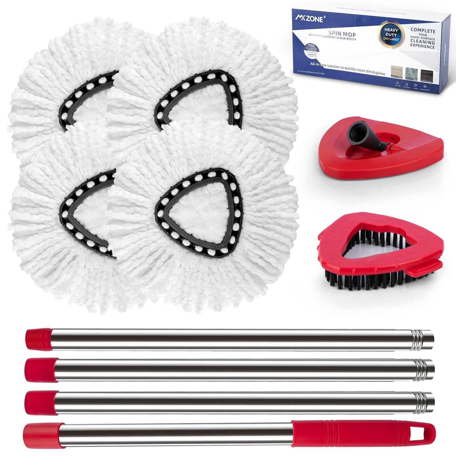 Spin Mop Replacement Set – 4 Microfiber Refills, Scrub Brush, Adjustable Handle