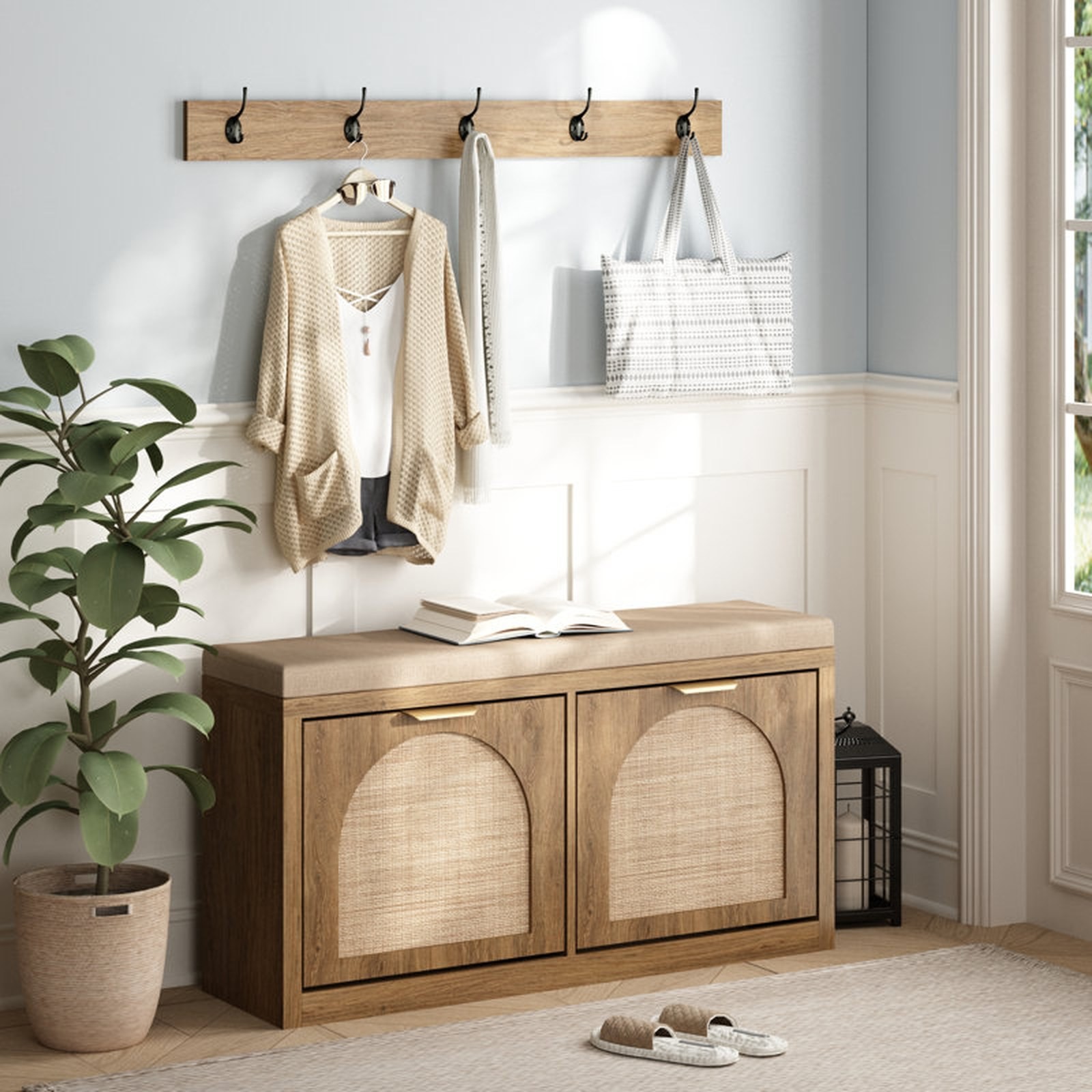 Gracie Oaks Anteus Shoe Bench With Coat Rack – Wood & Rattan