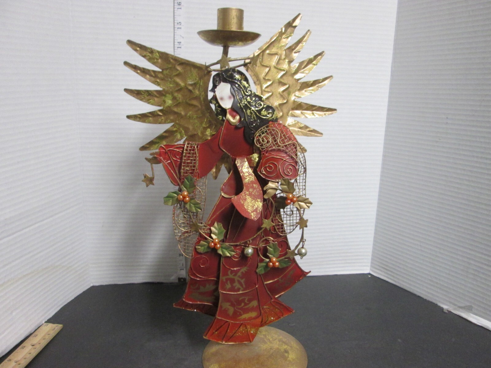15.5 in Metal Angel Candle Taper Holder Christmas Red Gold