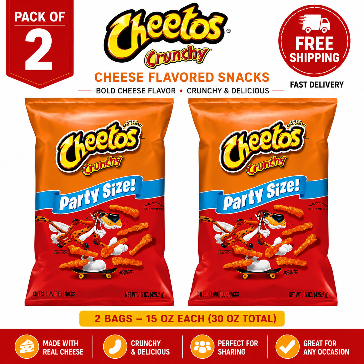 (PACK OF 2) Cheetos Crunchy Cheese Flavored Snacks 15 oz Bag New