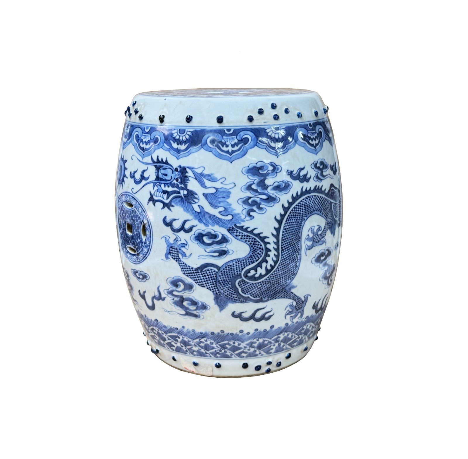 10″ Blue White Porcelain Double Dragons Round Shape Stand Display Art GB677