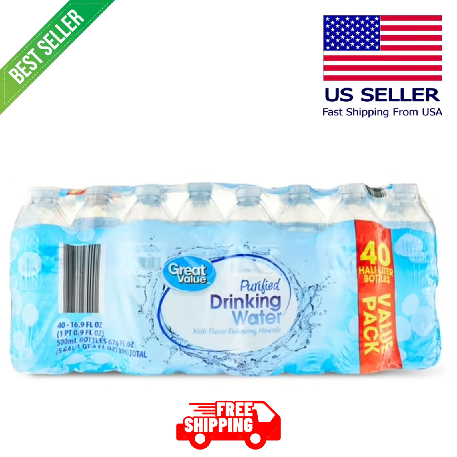 Great Value Purified Drinking Water, 16.9 fl oz Bottles, 40 Count Pack