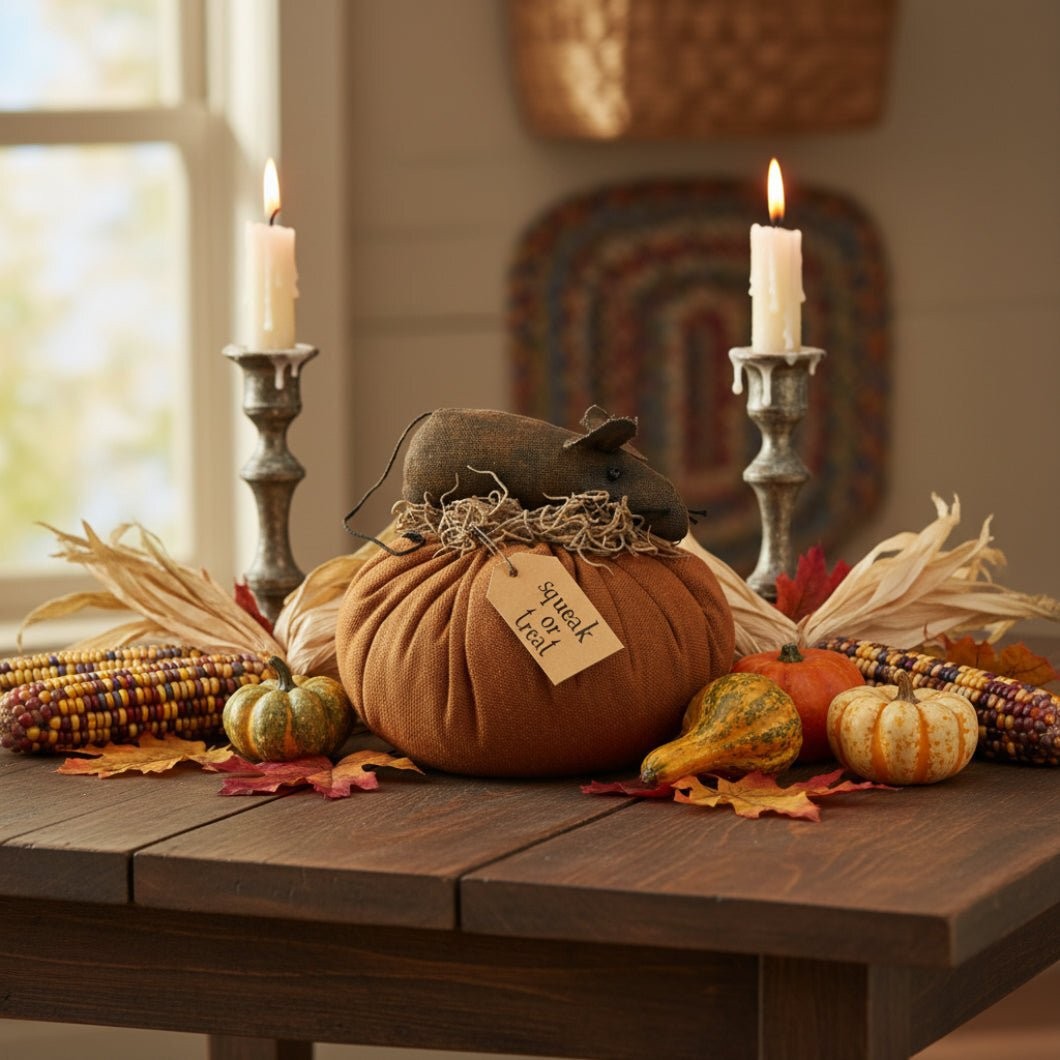 Primitive Halloween Squeak Or Treat Mouse On Pumpkin – 4.5″H