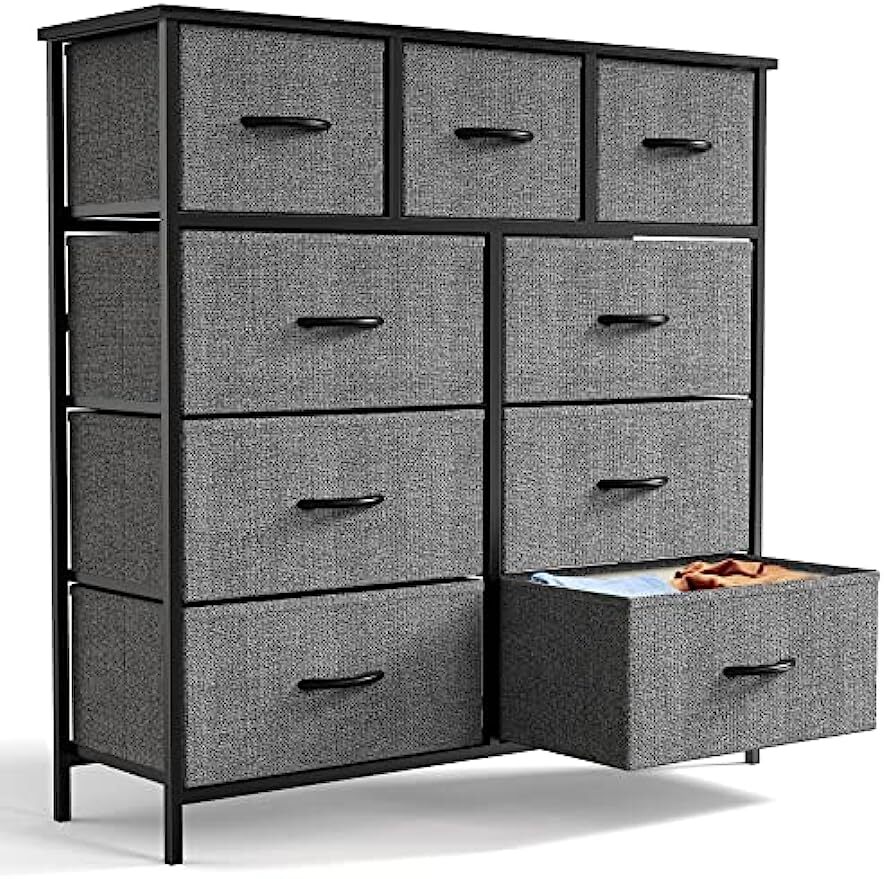 Gray 9 Storage Drawer Dresser for Bedroom Tall Wood Dresser Fabric Storage Tower