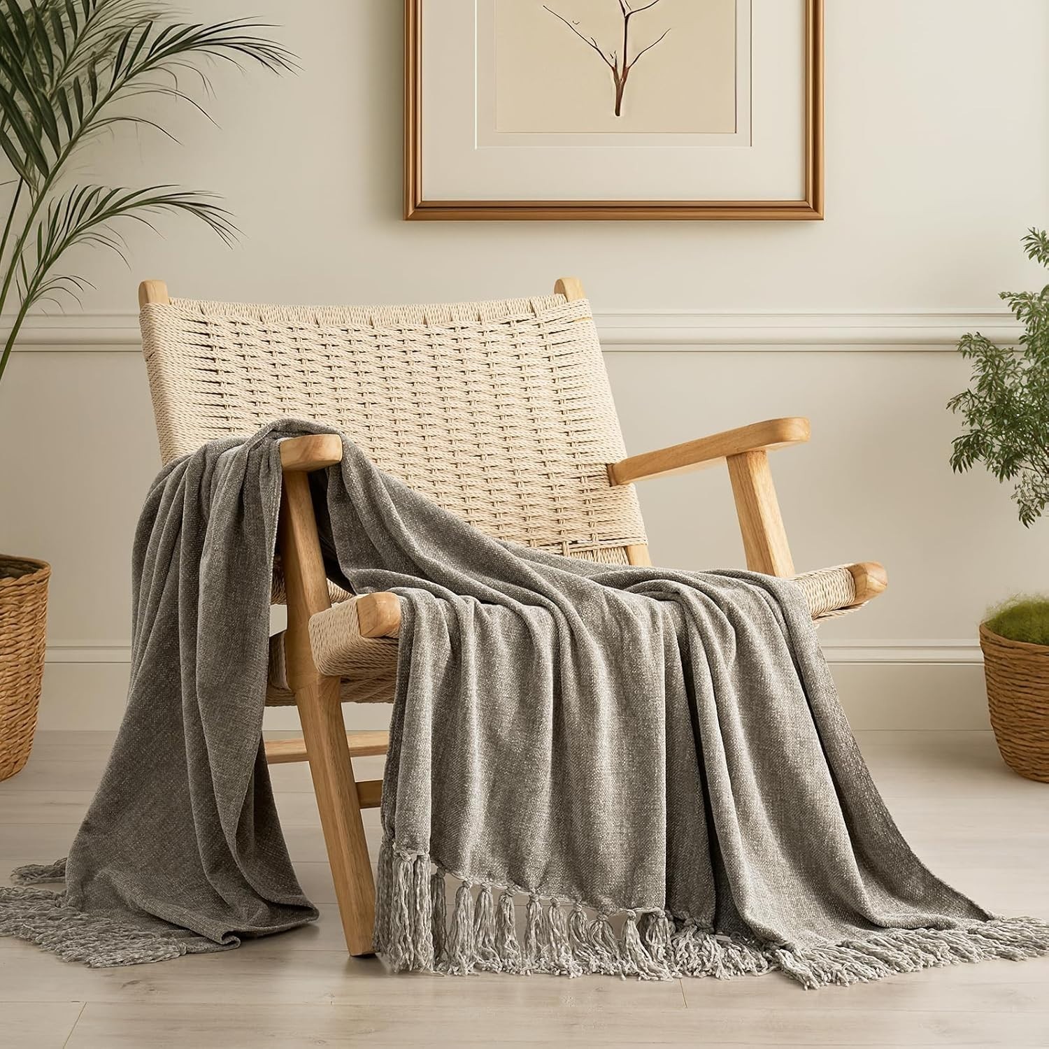 EverGrace Chenille Throw Blanket Plaid Soft Cozy Tassels 50×60 Couch Sofa New