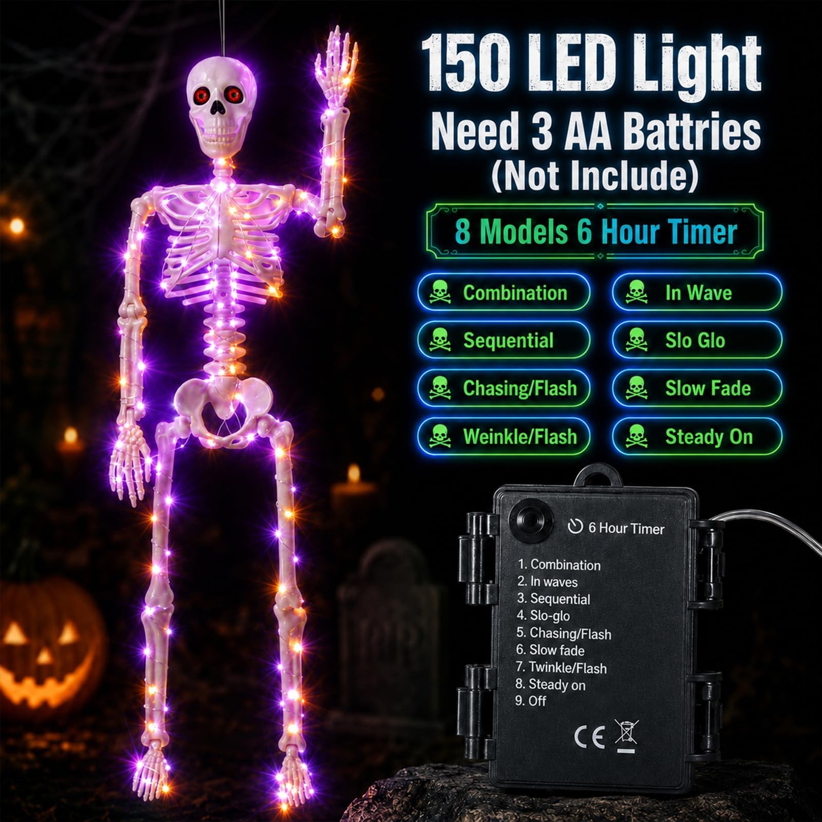 daboot Halloween Decor Lighted Skeletons 2 Pack 3FT Blue&Green+Orange&Purple